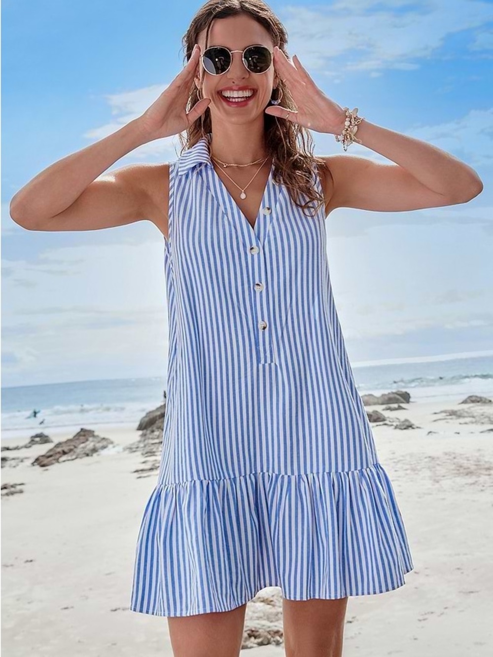 Cupshe Blue and White Striped Sleeveless Beach Tunic